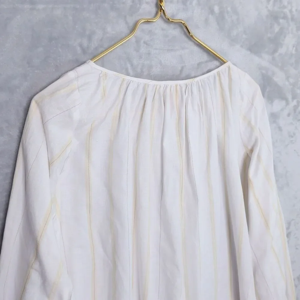 UNIQLO x Hana Tajima White Gathered Striped Tunic Top Size S Gauzy Mori Kei